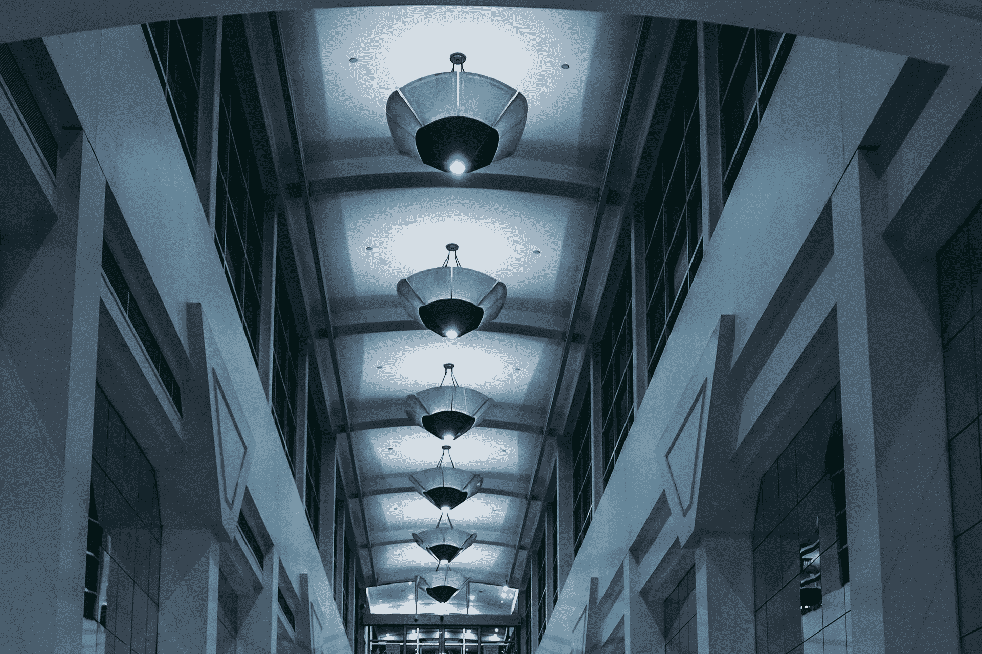 interior of a commercial roof with decorative lanterns handing