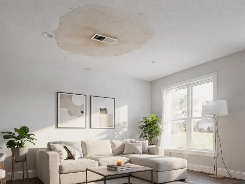 Early ceiling water stain in a living room indicating a potential roof leak that has not yet caused major damage