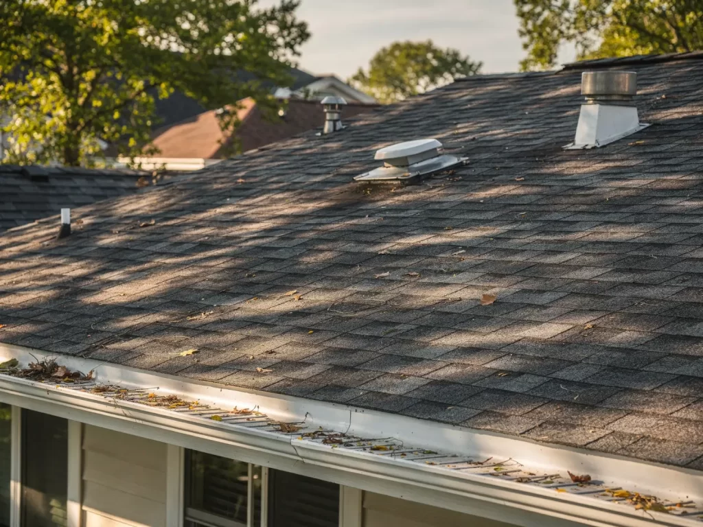 Clean asphalt shingle roof with roof vents and gutters on a well-maintained suburban home
