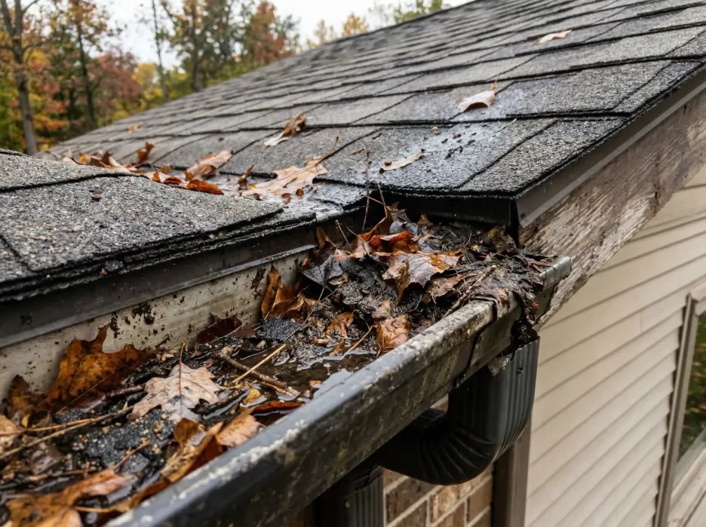 Clogged roof gutter filled with leaves and debris causing water buildup along the edge of an asphalt shingle roof