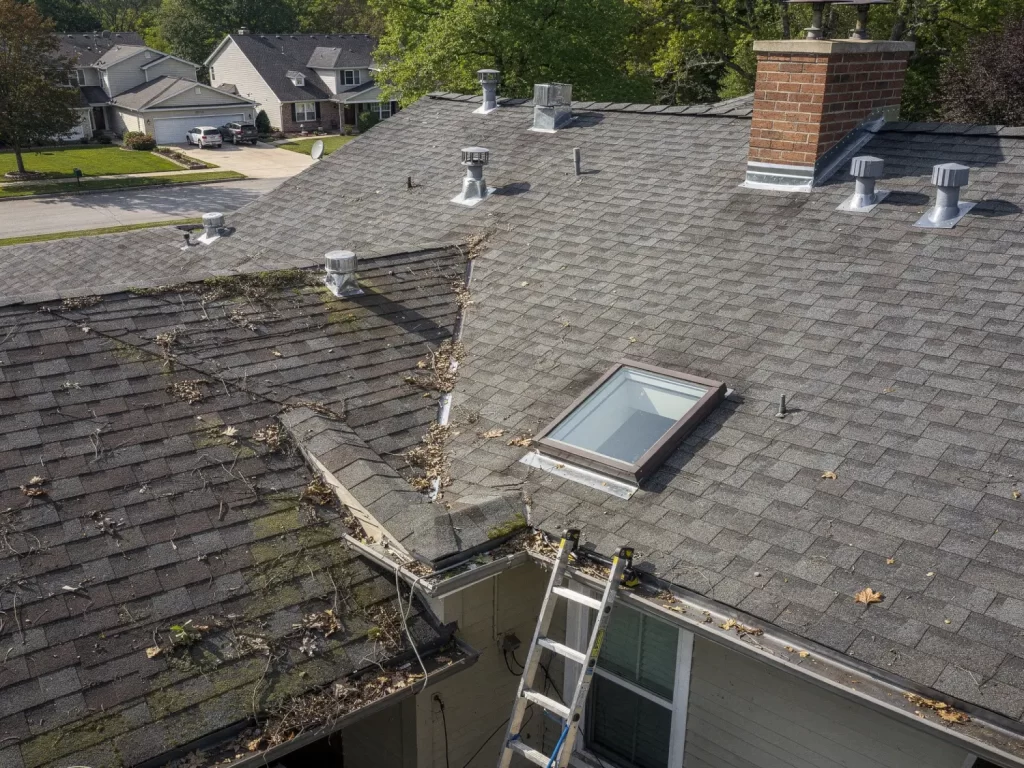 Residential roof with skylight, vents, chimney, and multiple roof valleys illustrating factors that can affect roof leak repair cost
