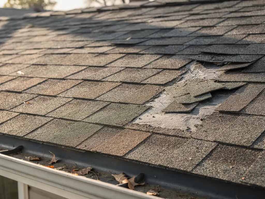Close-up of cracked, curled, and missing asphalt shingles showing early roof damage that may require repair