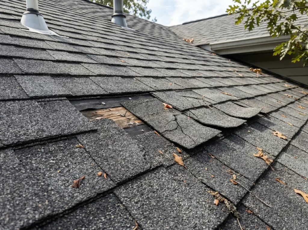 Close view of damaged and missing asphalt shingles exposing roof underlayment on a residential roof