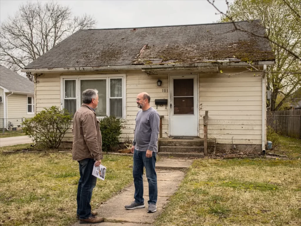 Homebuyer discussing the condition of an aging roof while evaluating a house during a property tour