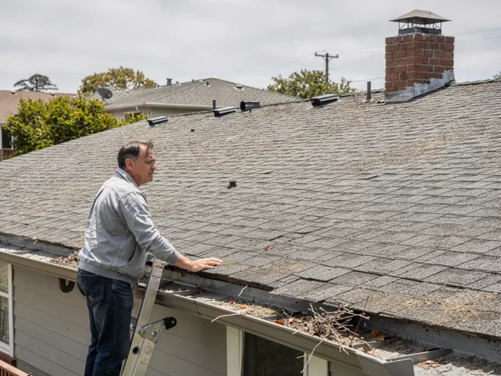 Homeowner standing on a ladder looking across a residential roof to evaluate its condition before scheduling a roof inspection