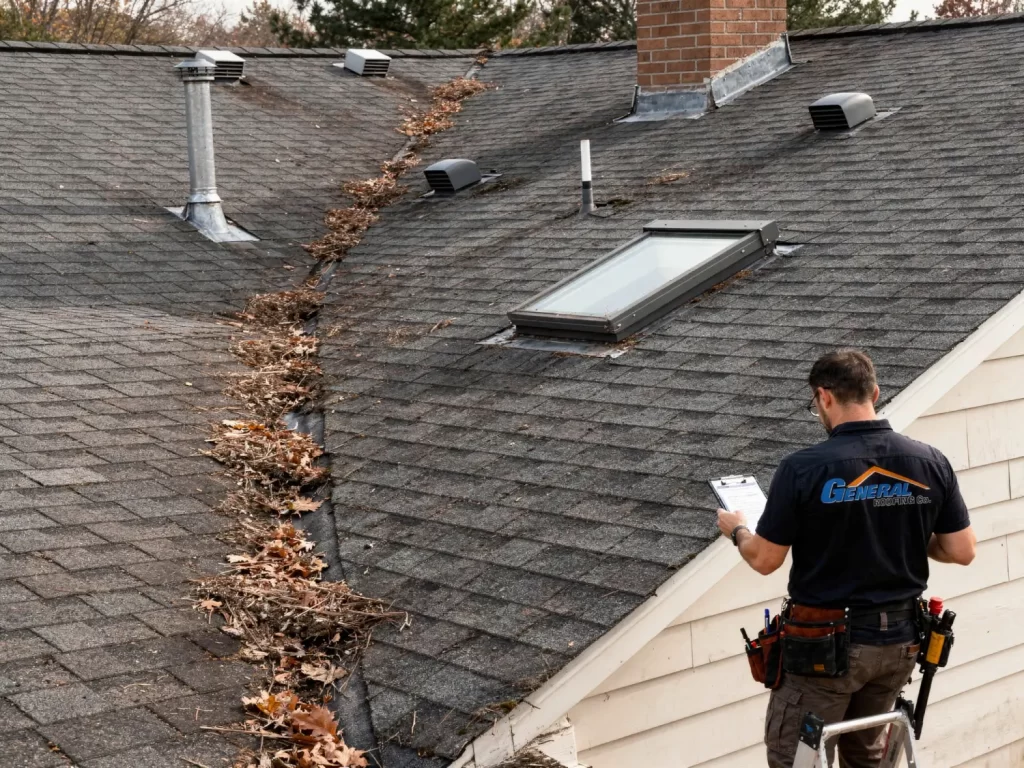 Roof inspector standing on a ladder examining roof components including skylight, vents, chimney flashing, and roof valley during a professional roof inspection