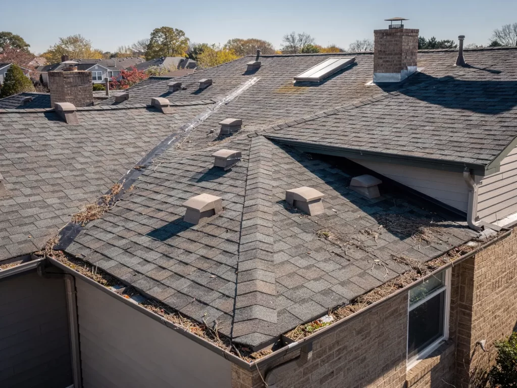 Complex residential roof with multiple slopes, skylights, chimneys, and vents illustrating factors that affect roof inspection cost
