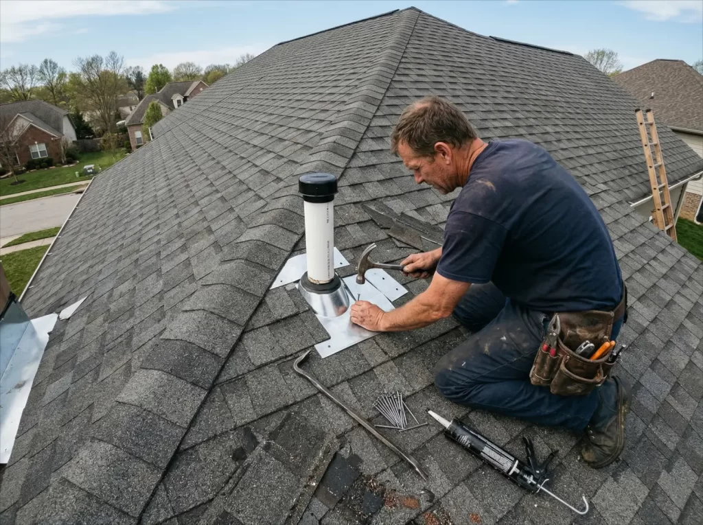 Professional roofer repairing metal flashing around a plumbing vent on an asphalt shingle roof to prevent leaks