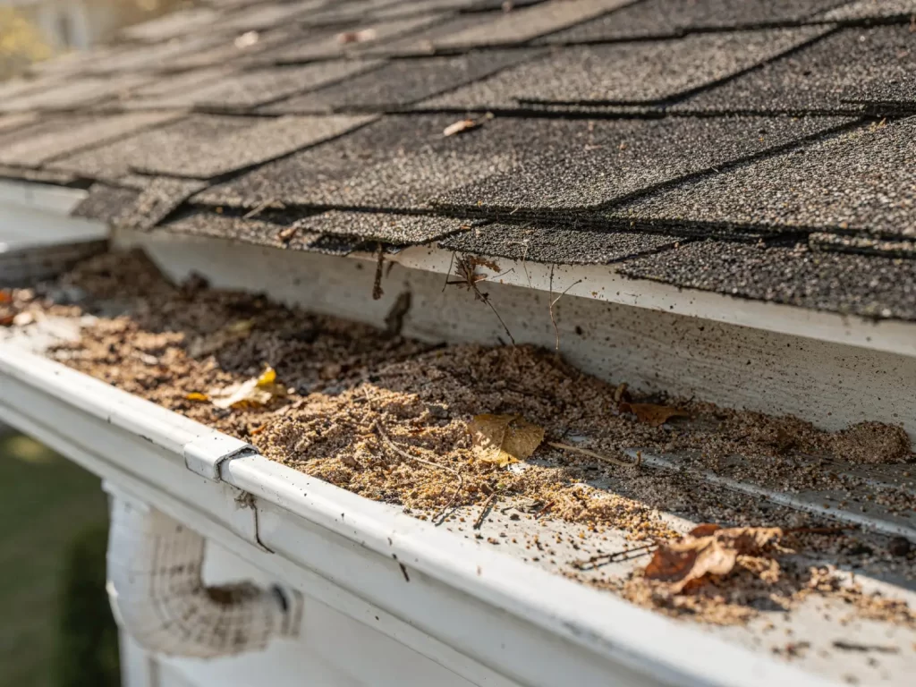 Roof gutter filled with asphalt shingle granules showing signs of roof wear and aging shingles