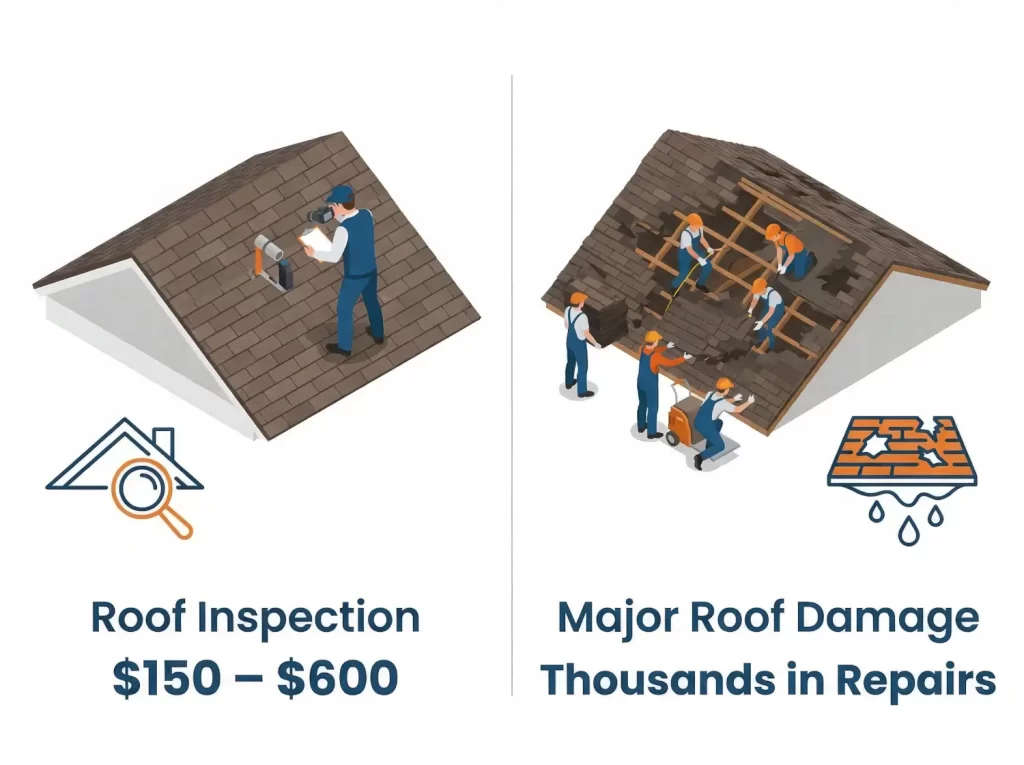 Comparison graphic showing roof inspection cost versus major roof repair cost illustrating how inspections help prevent expensive repairs