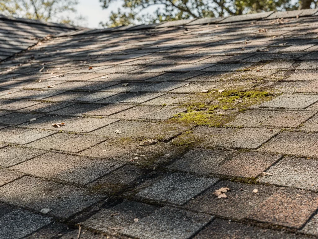 Asphalt shingle roof with dark streaks and moss growth indicating moisture buildup and potential roof wear