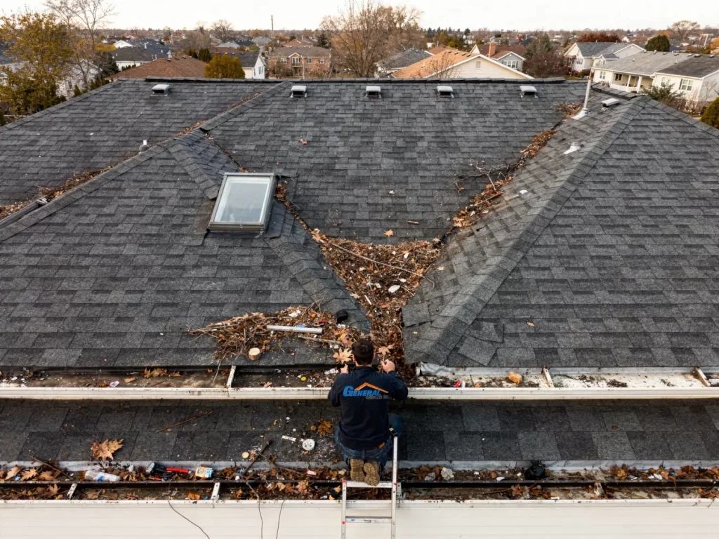 Roof valley filled with leaves and debris on an asphalt shingle roof while a roofer inspects the area from a ladder