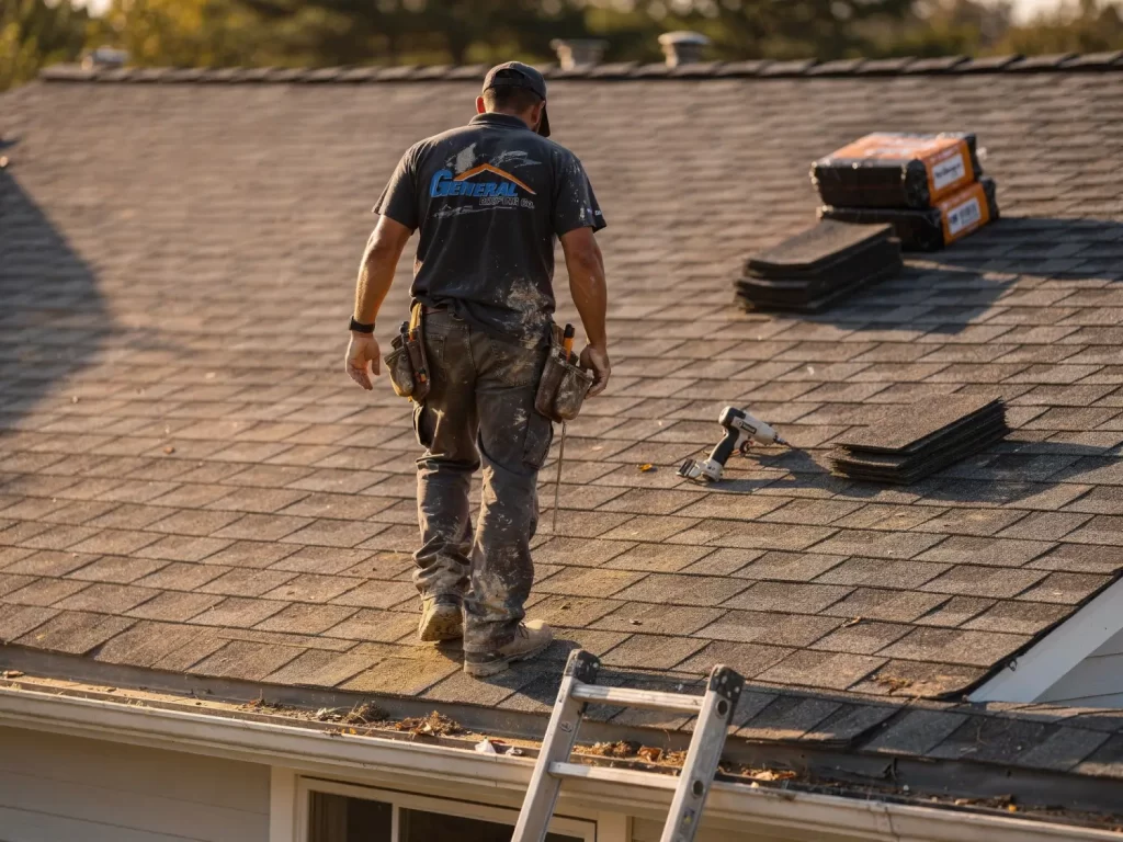 Roofer performing final inspection on a newly installed architectural shingle roof after completing a roof replacement project