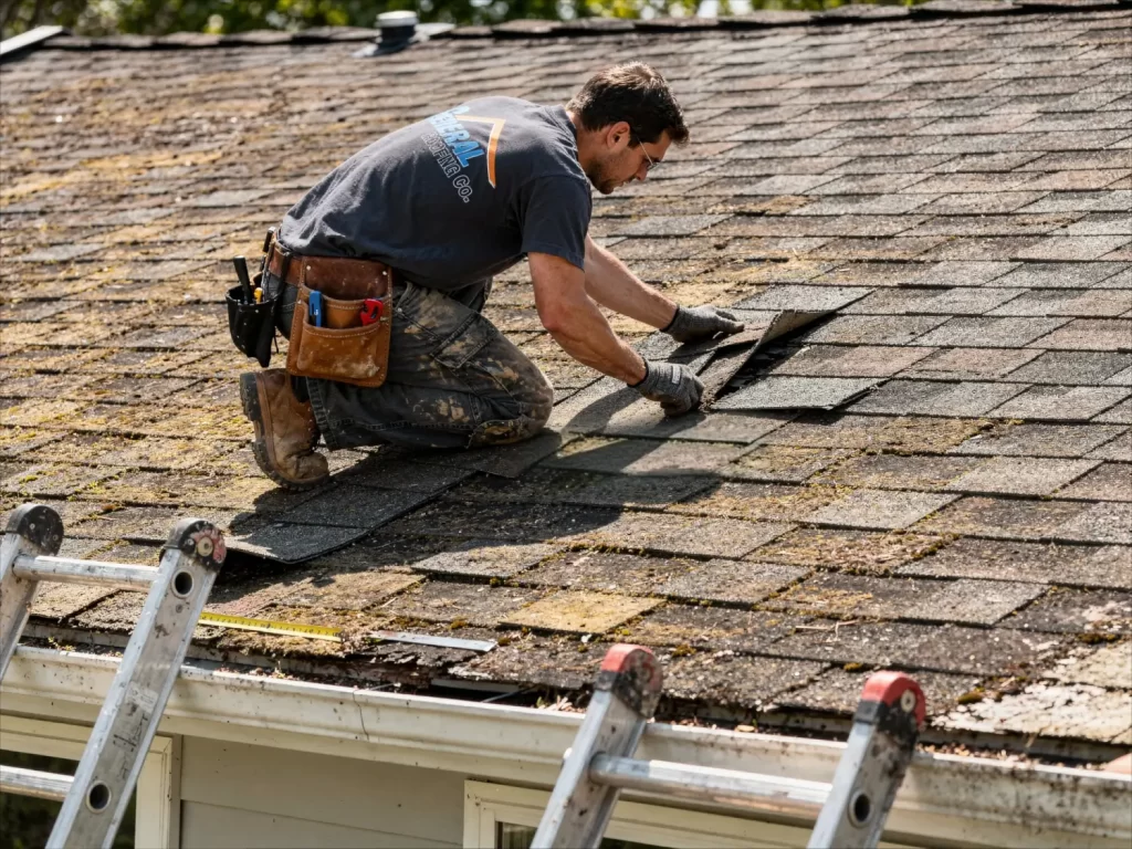 Professional roofer inspecting aging asphalt shingles to determine if a roof replacement is needed