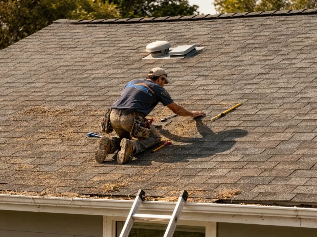 Professional roofer inspecting an asphalt shingle roof during a routine roof inspection to identify potential repair issues before leaks occur
