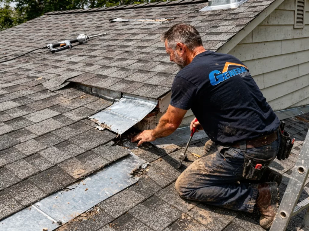 Professional roofer inspecting loose flashing around a chimney on an asphalt shingle roof to prevent potential leaks