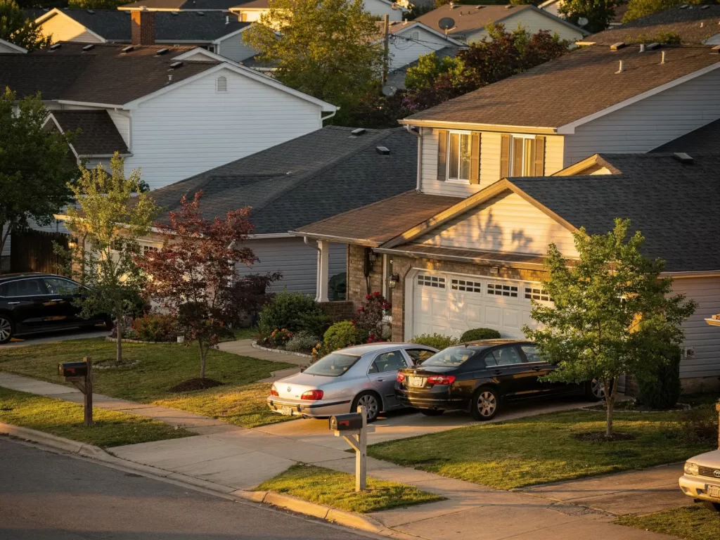 Residential neighborhood with well-maintained homes and modern shingle roofs highlighting property value and curb appeal