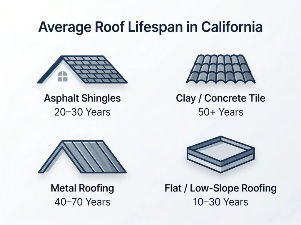 Infographic showing average roof lifespan in California by material including asphalt shingles, tile, metal, and flat roofing