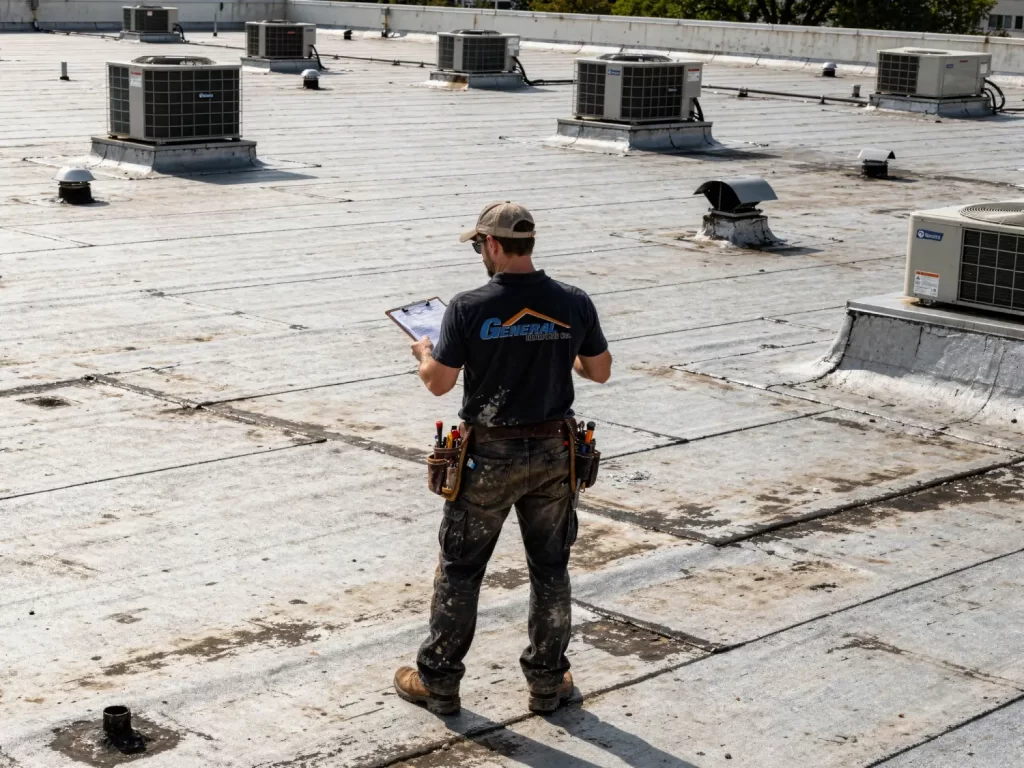 General Roofing Commercial roofer inspecting flat roof with clipboard and HVAC units before providing cost estimate