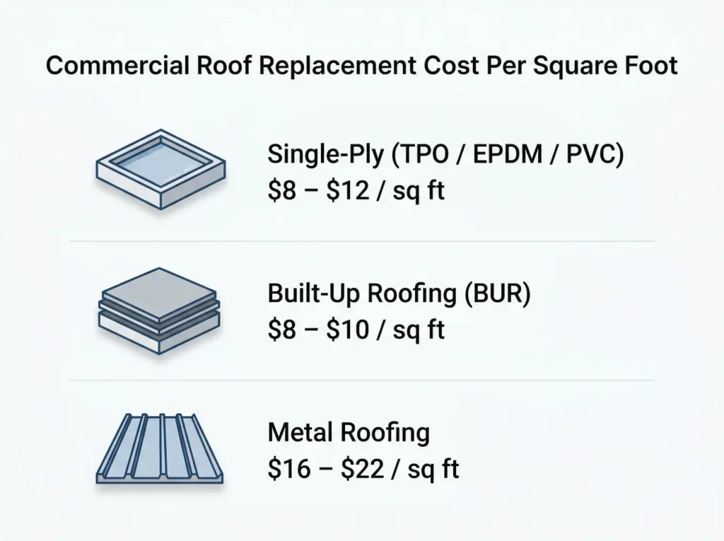 Infographic showing commercial roof replacement cost per square foot for single-ply, built-up roofing, and metal roofing systems
