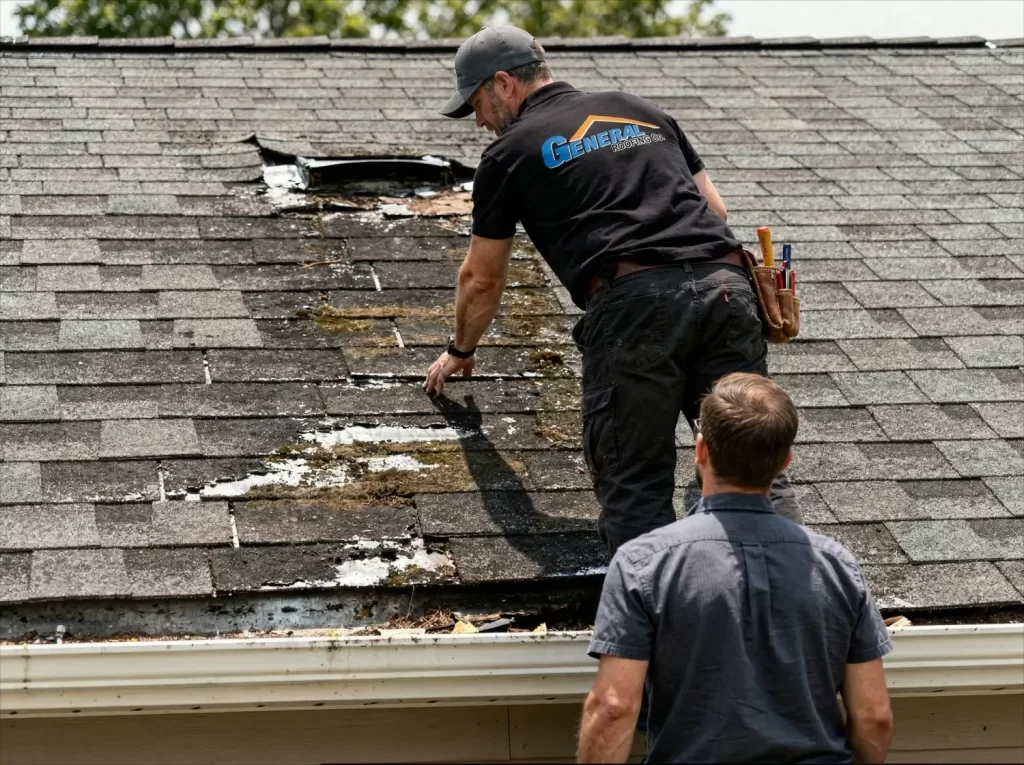 Professional roofer inspecting damaged roof while homeowner watches from below