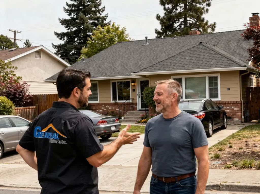 Homeowner discussing roof inspection results with professional roofer in front of house