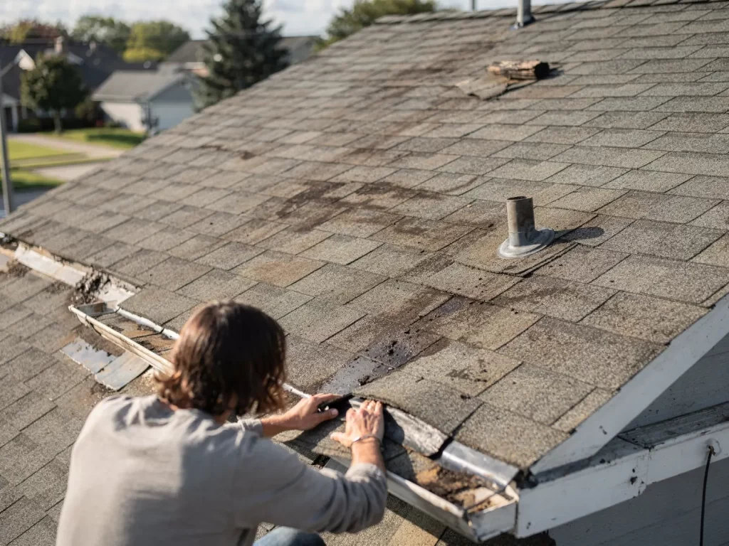 Homeowner inspecting roof shingles and vent area to locate source of roof leak