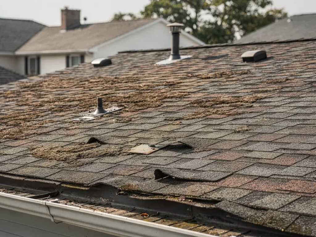 Aging asphalt shingle roof with curled shingles and granule loss showing signs a roof is nearing the end of its lifespan