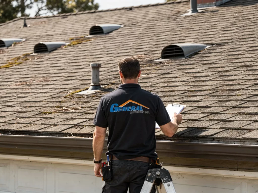 General Roofing professional standing on a ladder inspecting a residential roof while holding a clipboard in a suburban home setting