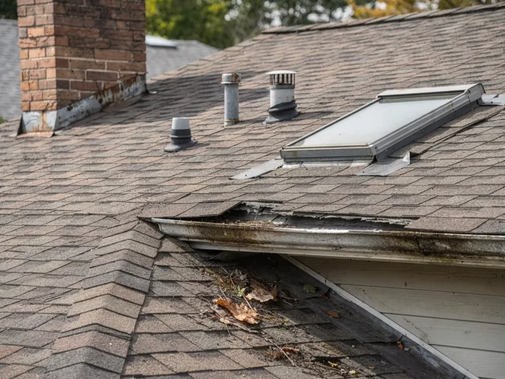 Residential roof showing common leak areas including chimney flashing, vent pipes, skylight, and debris buildup in roof valley