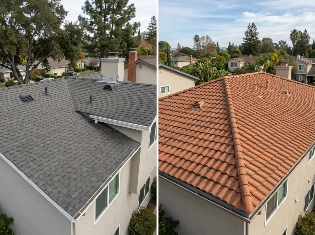 Split-screen comparison of asphalt shingle roof and clay tile roof on residential homes in California showing differences in roofing materials