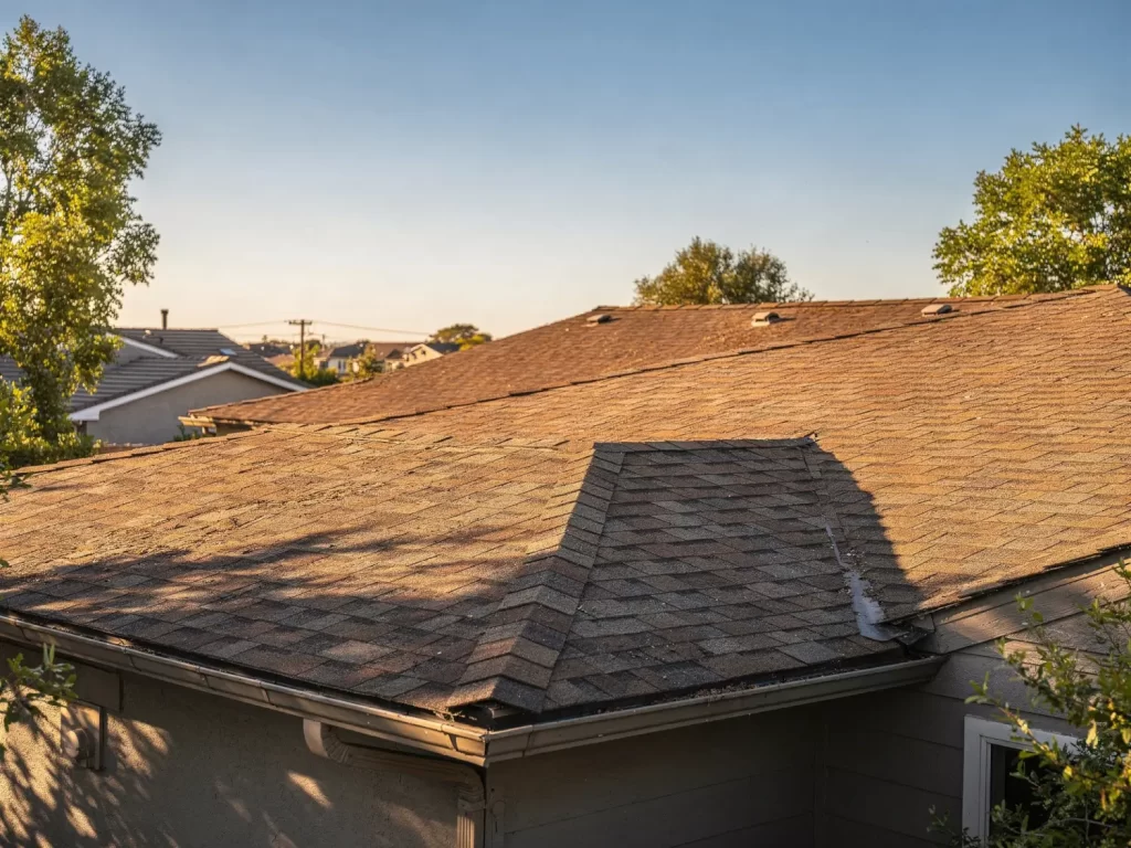Residential asphalt shingle roof exposed to strong California sunlight showing effects of heat and UV on roof lifespan