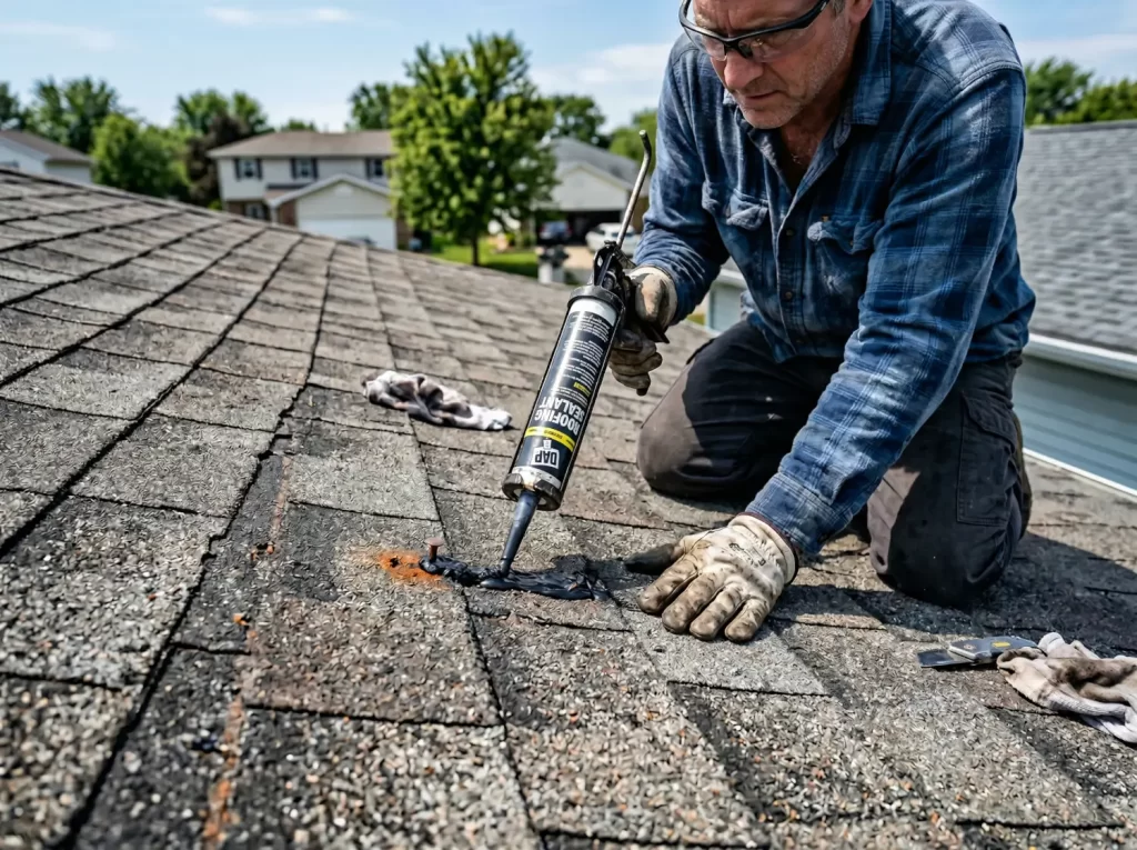 Homeowner applying roofing sealant with caulking gun to exposed nail as temporary roof leak fix