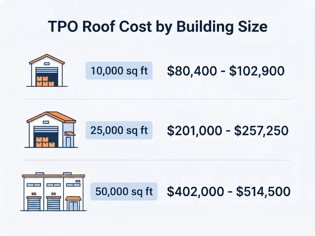 Infographic showing TPO roof cost by building size for 10,000, 25,000, and 50,000 square foot commercial buildings