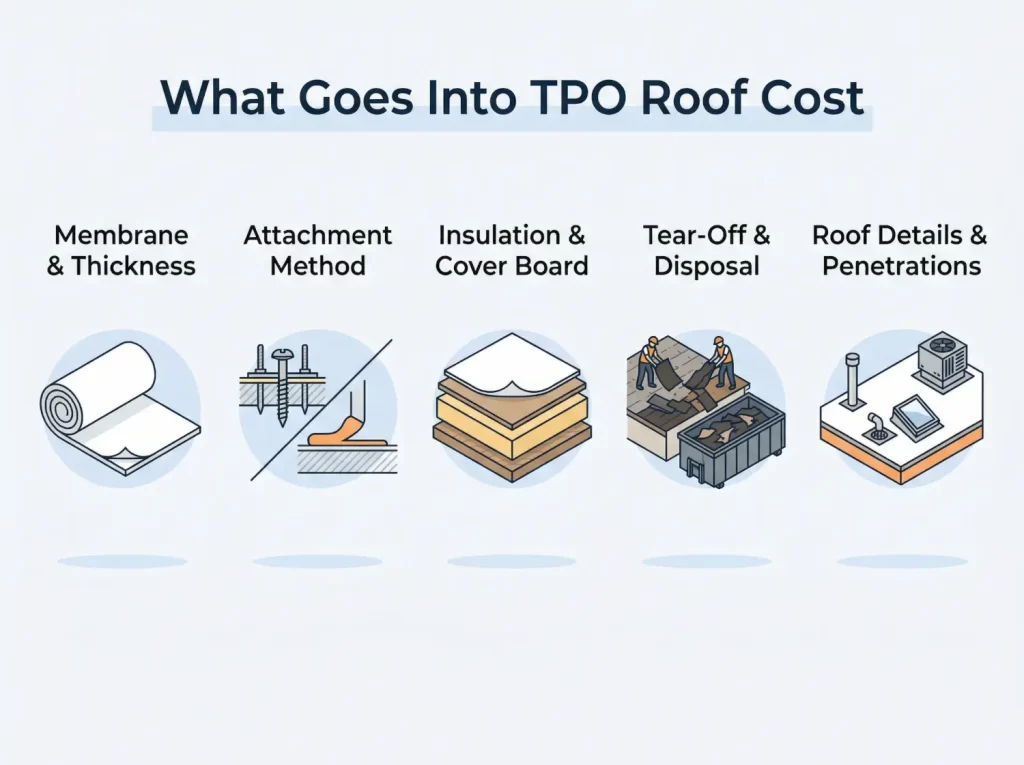 Infographic showing what goes into TPO roof cost including membrane thickness, attachment method, insulation, tear-off, and roof penetrations
