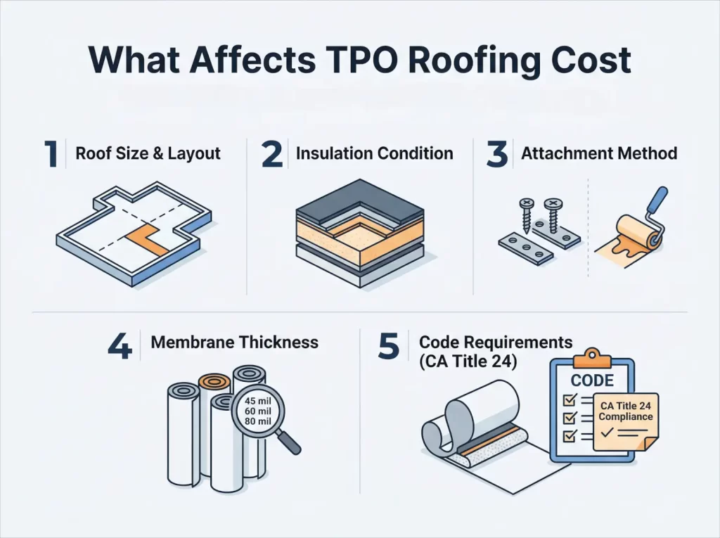 Infographic showing factors that affect TPO roofing cost including roof size, insulation condition, attachment method, membrane thickness, and California code requirements