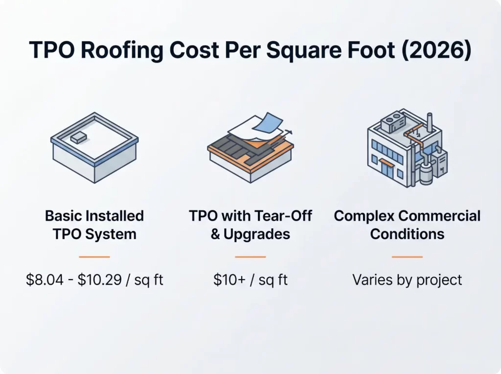 Infographic showing average TPO roofing cost per square foot in 2026 including basic installation, tear-off upgrades, and complex commercial conditions