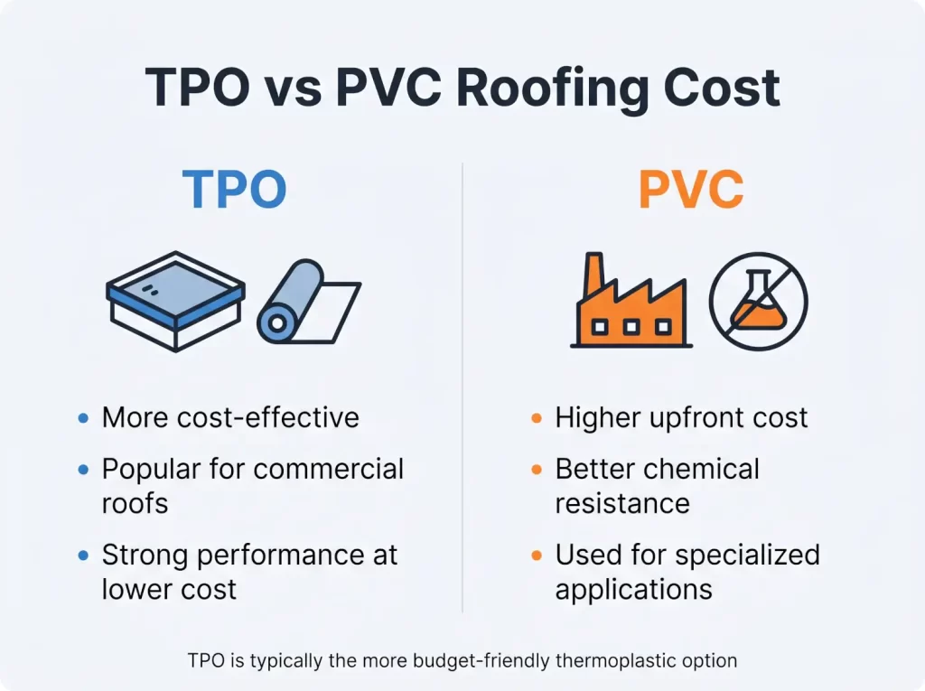 Infographic comparing TPO vs PVC roofing cost showing TPO as more cost-effective and PVC as higher cost with added chemical resistance