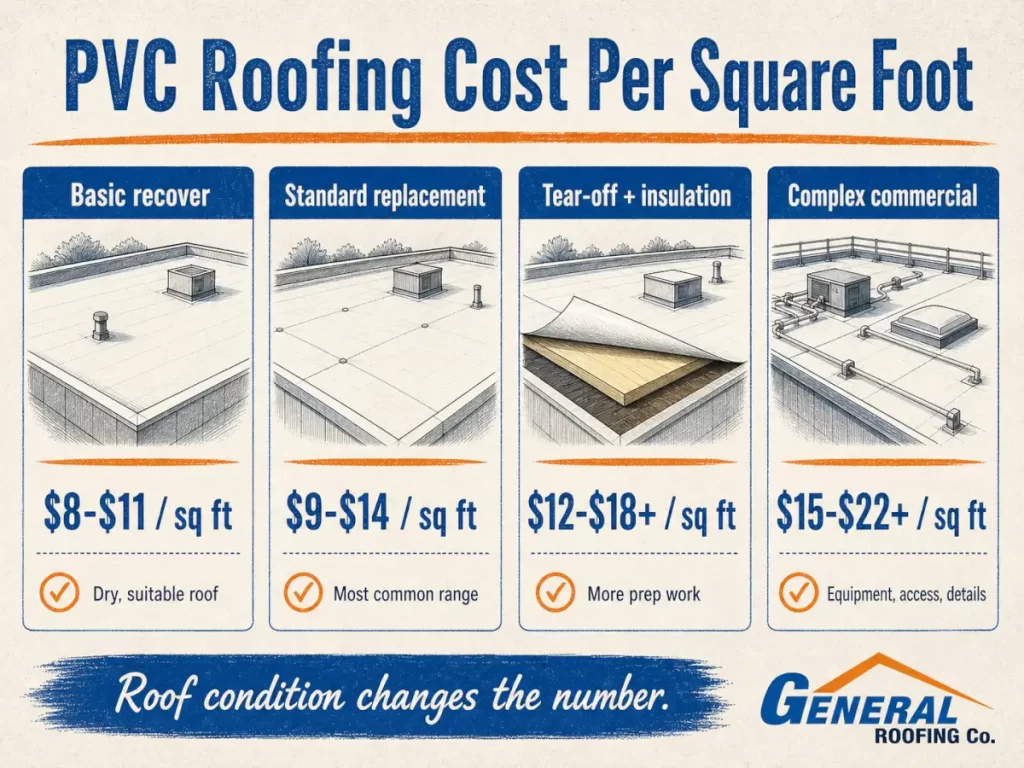 Infographic showing average PVC roofing cost per square foot ranges for commercial flat roofs