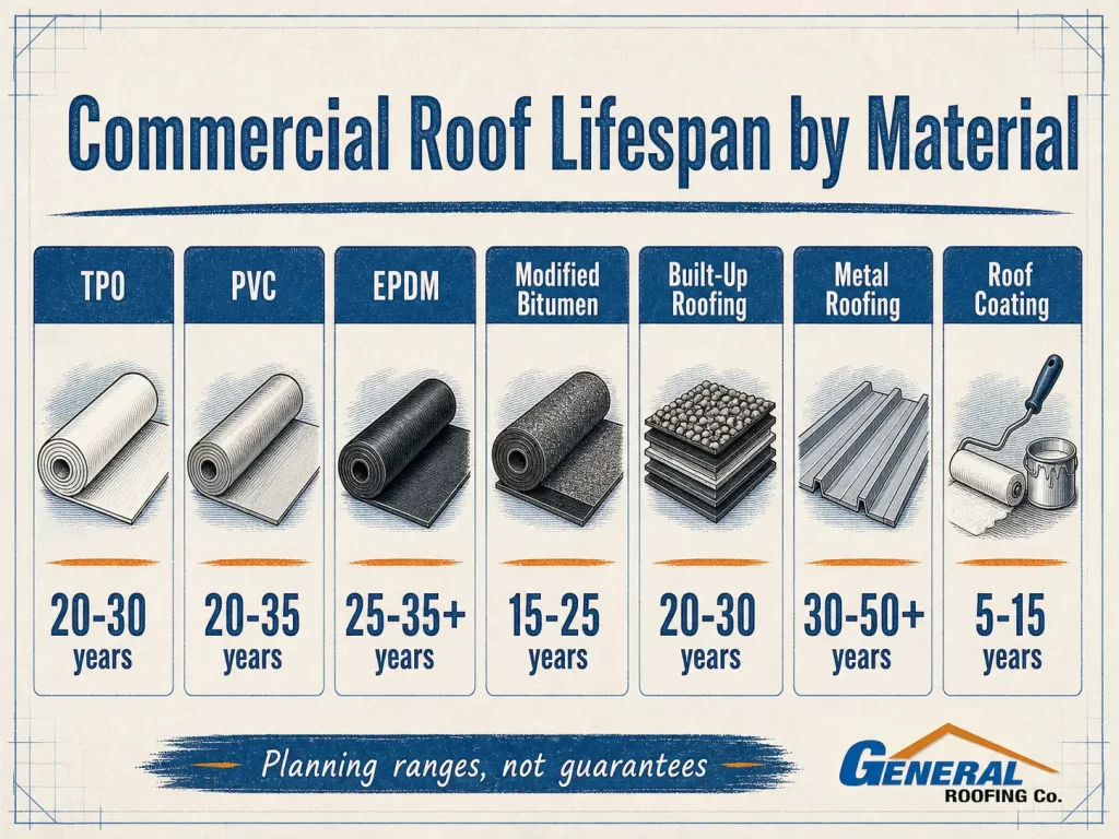 General Roofing infographic showing commercial roof lifespan by material including TPO, PVC, EPDM, modified bitumen, built-up roofing, metal roofing, and roof coating