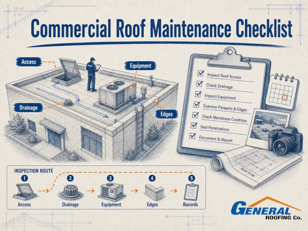 Blueprint-style illustration of a commercial roof maintenance checklist showing roof access, drainage, equipment, edges, records, and a clipboard inspection plan.