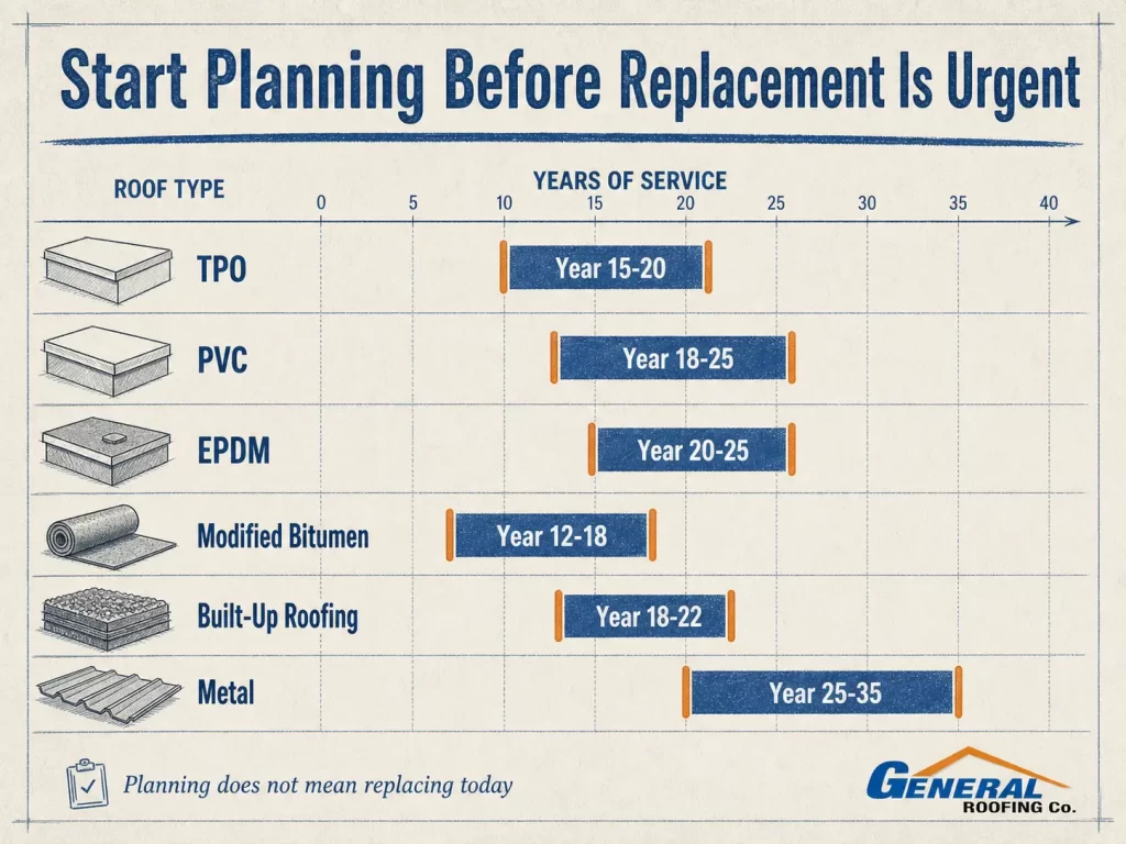 General Roofing infographic showing when to start planning commercial roof replacement by roofing type