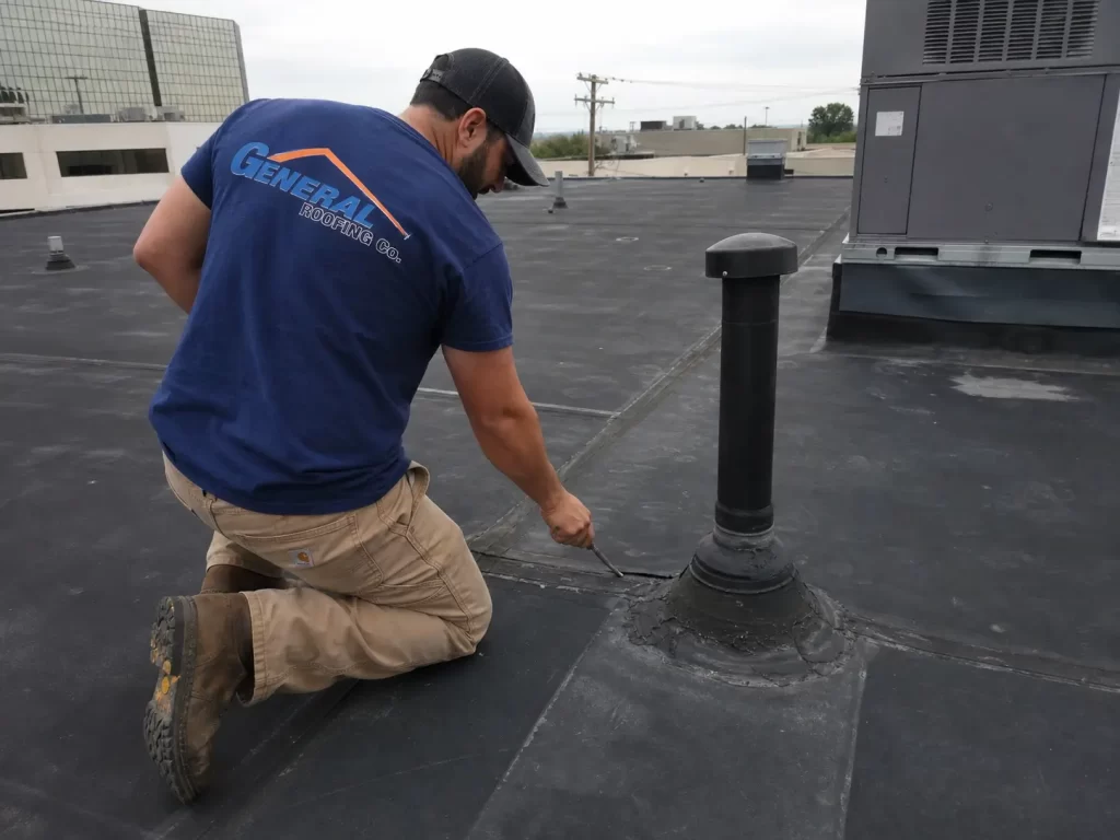 General Roofing roofer checking EPDM roof seams and pipe flashing on a commercial building