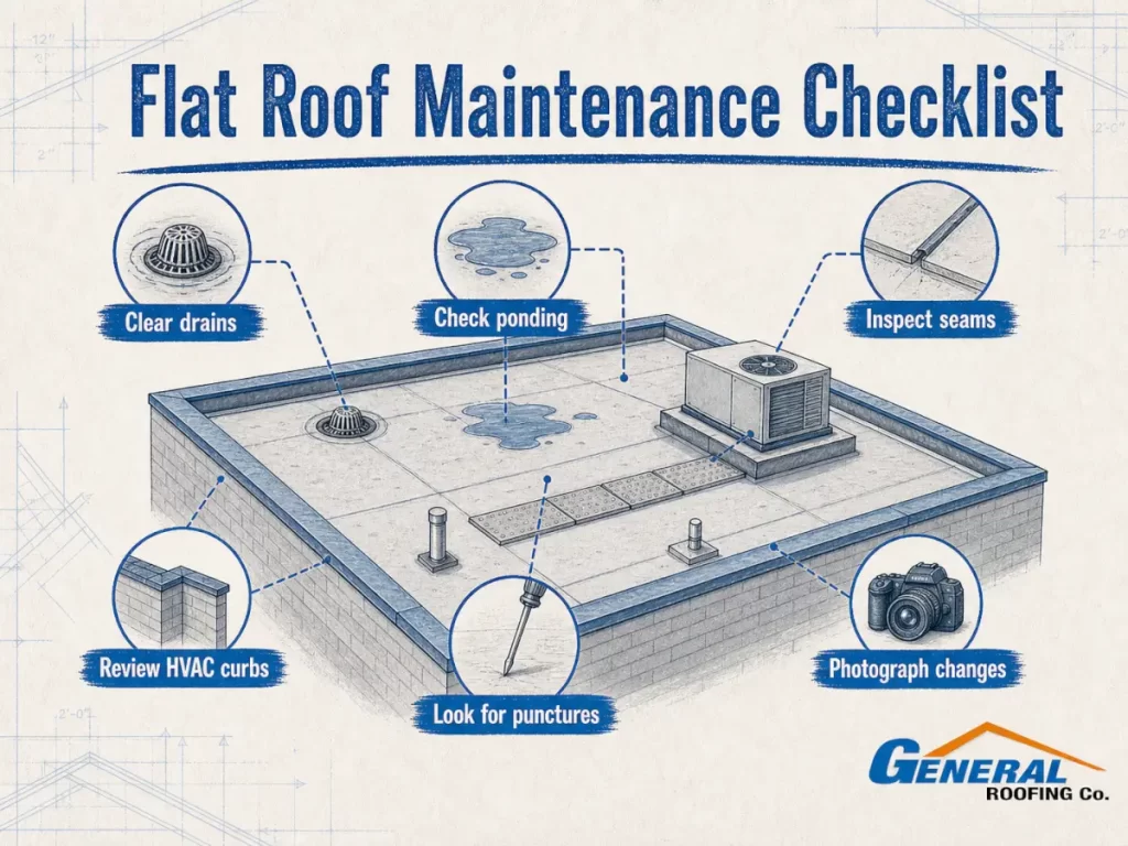 General Roofing flat roof maintenance checklist infographic with drains, ponding water, seams, HVAC curbs, and puncture checks.
