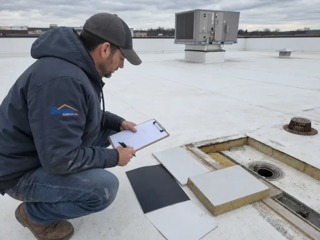 General Roofing contractor reviewing PVC flat roof job types on a commercial roof with membrane and insulation samples