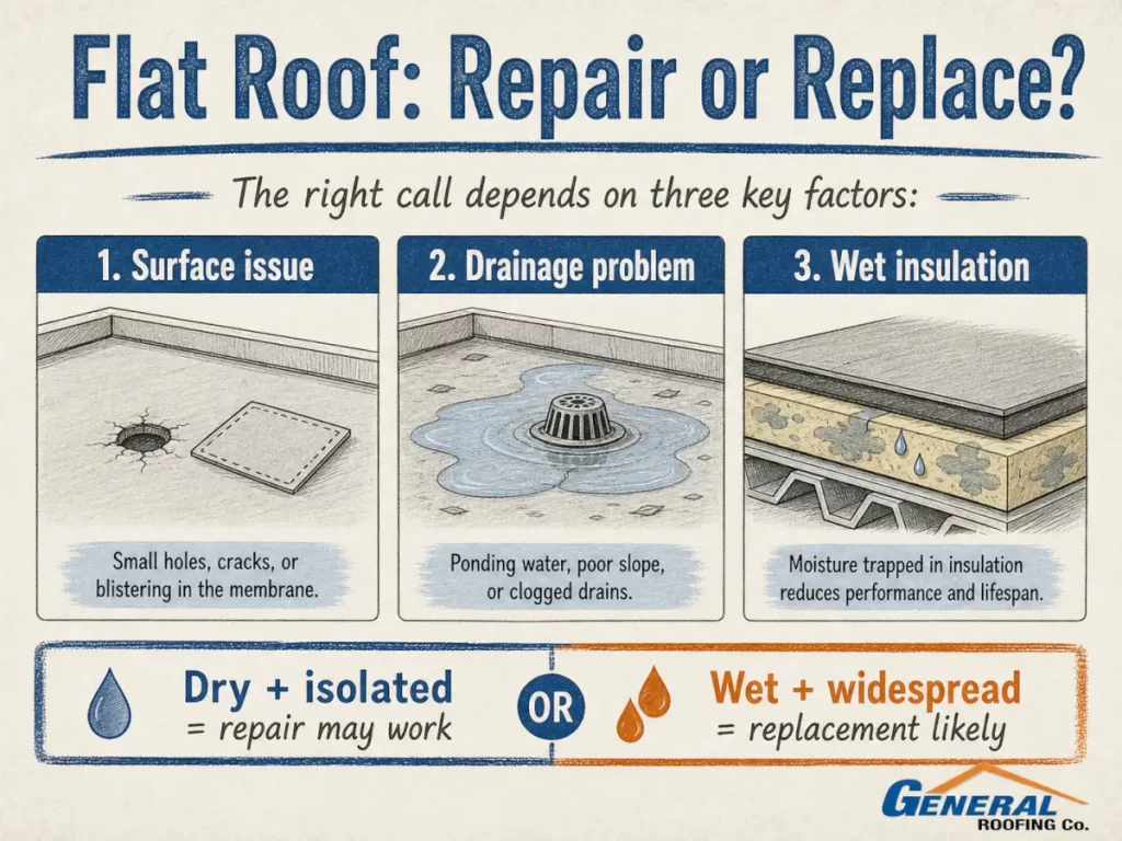 Infographic explaining when a flat roof should be repaired or replaced based on surface damage, drainage problems, and wet insulation.