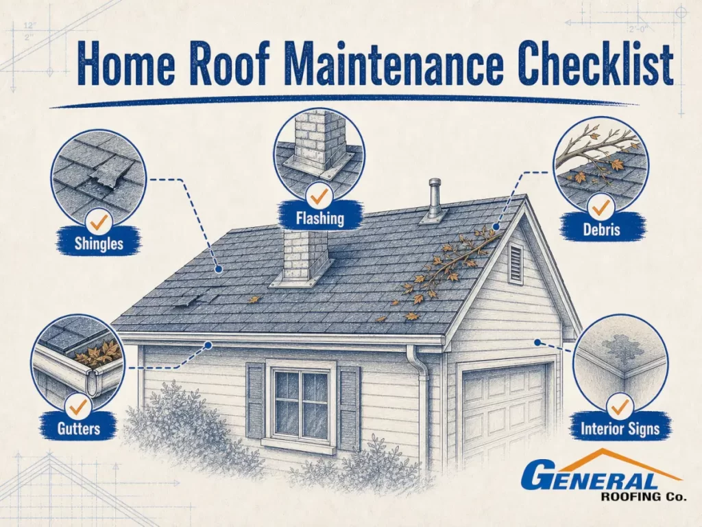 Blueprint-style illustration of a home roof maintenance checklist showing shingles, gutters, flashing, debris, and interior water stain inspection areas.