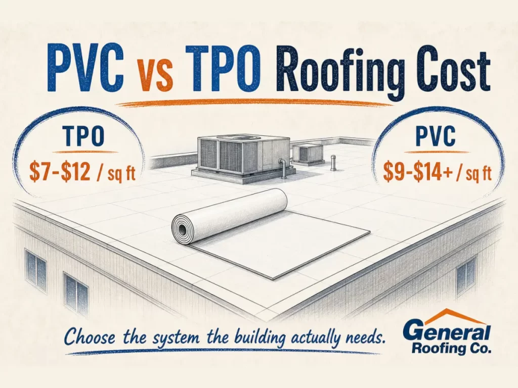 General Roofing infographic comparing PVC vs TPO roofing cost per square foot and best-use commercial roof scenarios