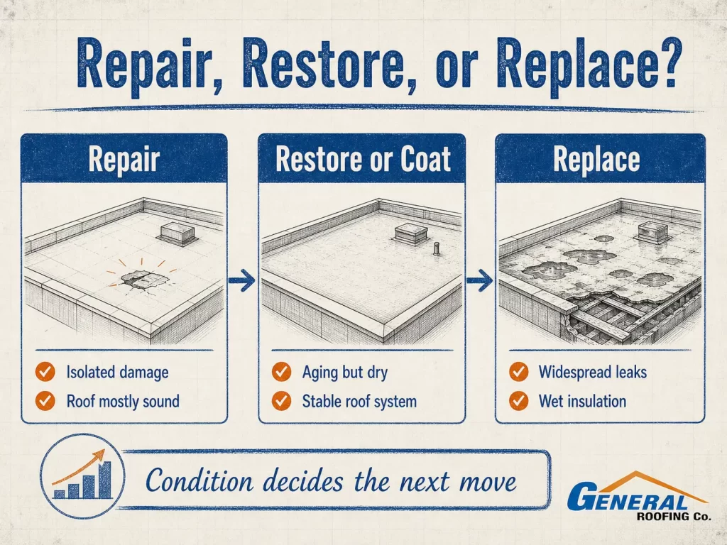 General Roofing infographic comparing when to repair, restore, or replace a commercial roof