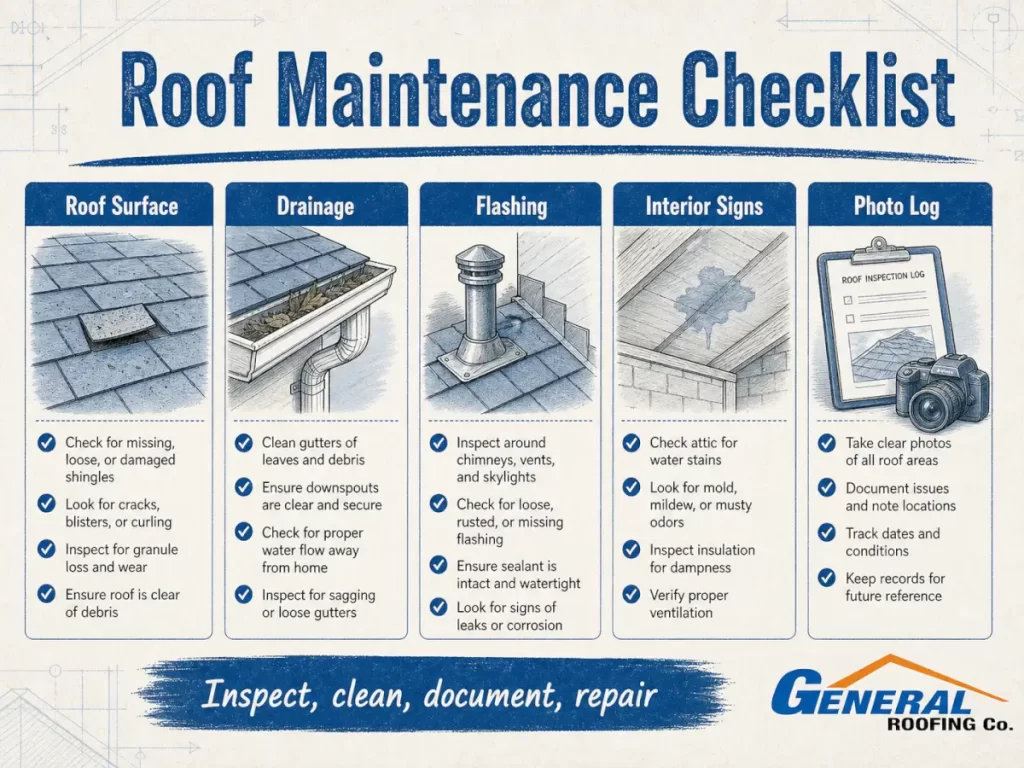 General Roofing roof maintenance checklist infographic showing roof surface, drainage, flashing, interior signs, and photo log items.
